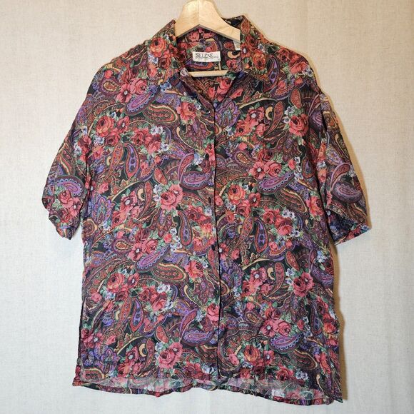 Vintage Selene Sport Paris Women's Blouse Paisley Floral Short Sleeve Jewel S - Picture 1 of 9